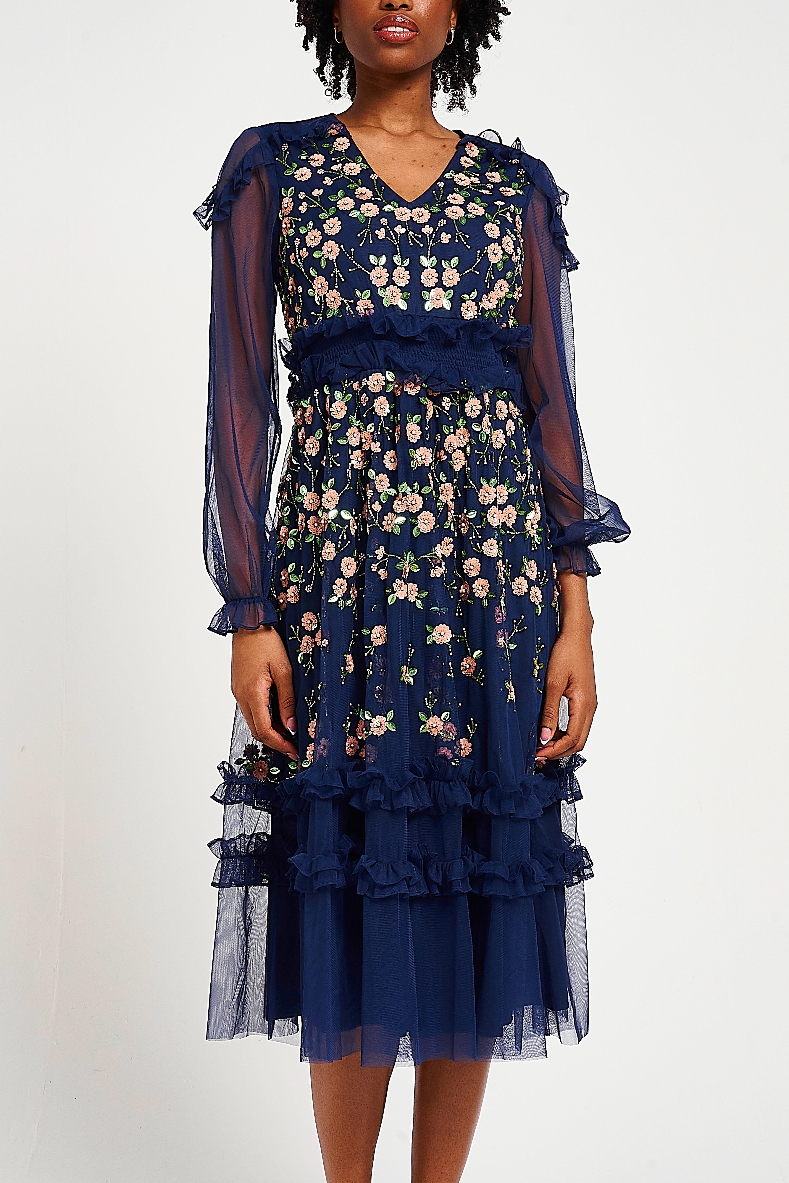 Eloise Navy Floral Embellished Midi Dress 