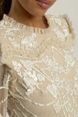 Elowen long sleeve embellished maxi dress by Frock and Frill UK in neutral tones with intricate white beadwork, modest style for weddings and formal occasions.