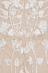 Elowen long sleeve embellished maxi dress by Frock and Frill UK in neutral tones with intricate white beadwork, modest style for weddings and formal occasions.