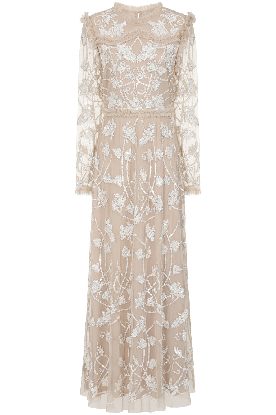 Elowen long sleeve embellished maxi dress by Frock and Frill UK in neutral tones with intricate white beadwork, modest style for weddings and formal occasions.