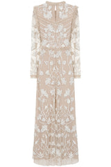 Elowen long sleeve embellished maxi dress by Frock and Frill UK in neutral tones with intricate white beadwork, modest style for weddings and formal occasions.