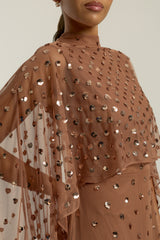 Elysia cape sleeve maxi dress with sequins and flowing silhouette for weddings and formal events.