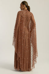 Elysia cape sleeve maxi dress with sequins and flowing silhouette for weddings and formal events.