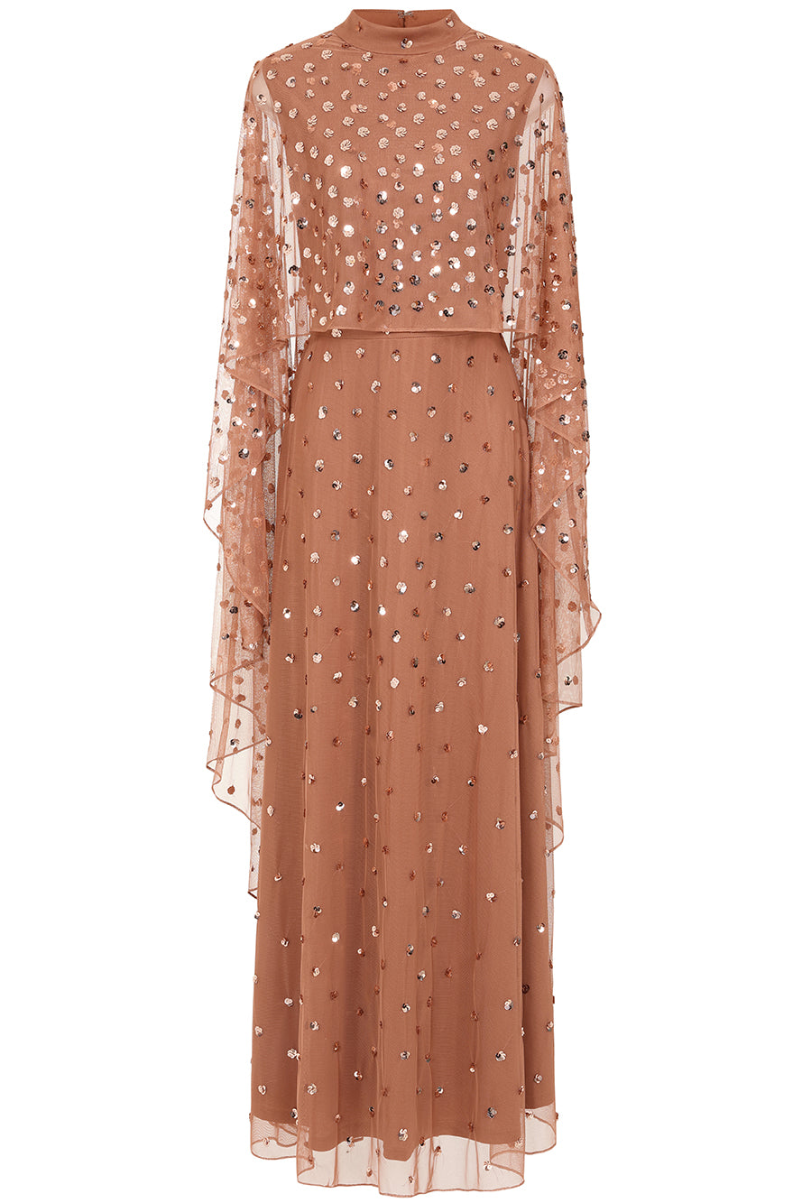 Elysia Bronze Sequin Maxi Dress With Cape Overlay Frock and Frill Elysia Bronze Sequin Maxi Dress With Cape Overlay Frock and Frill