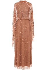 Elysia cape sleeve maxi dress with sequins and flowing silhouette for weddings and formal events.