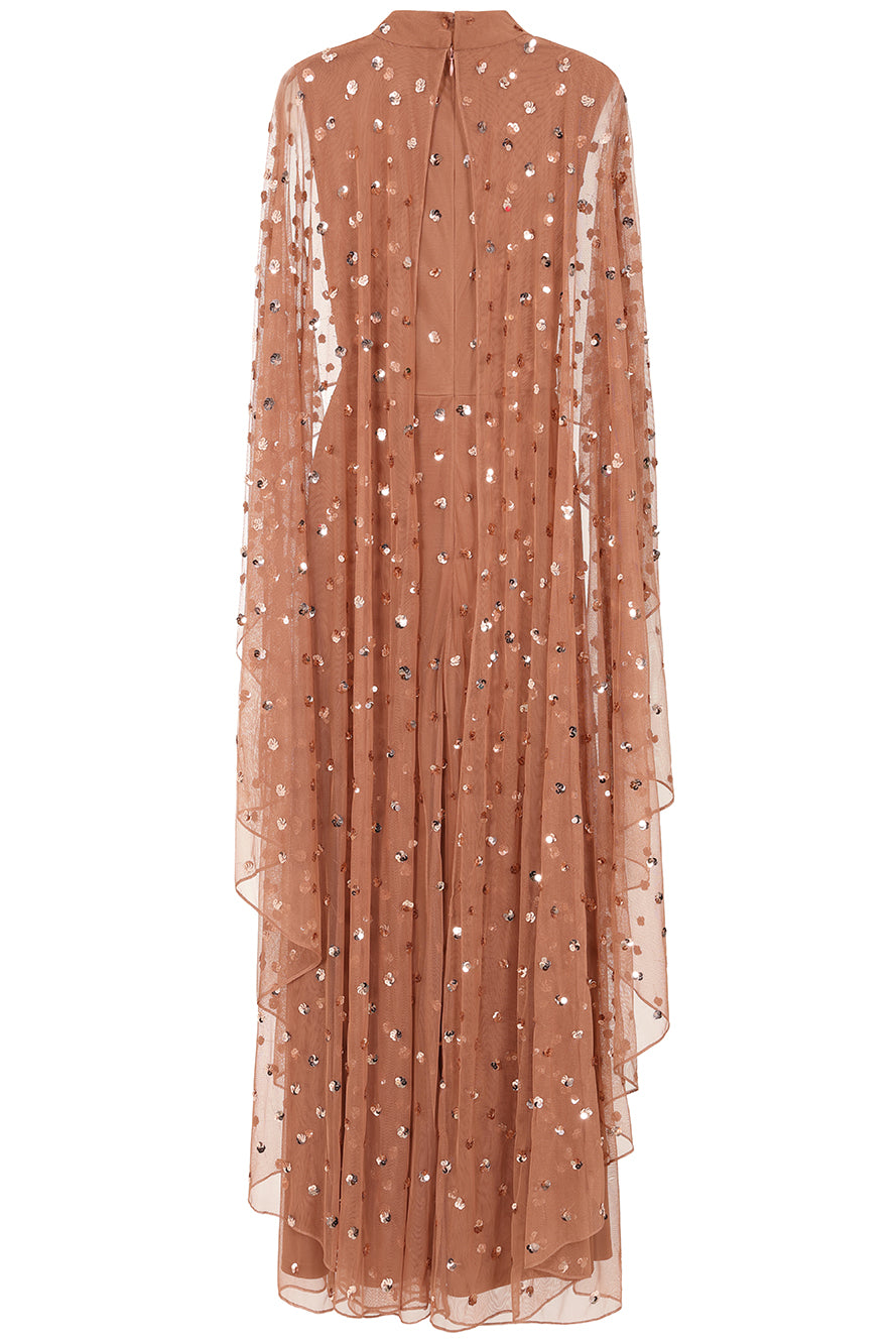 Elysia cape sleeve maxi dress with sequins and flowing silhouette for weddings and formal events.