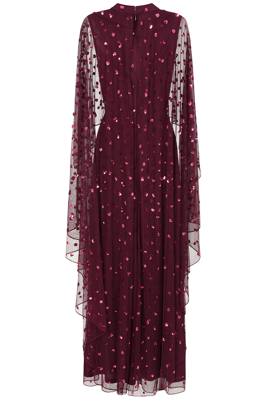 Elysia Purple Cape Dress with flowing floor-length silhouette, subtle sequin embellishments, and elegant cape overlay for weddings and evening occasions