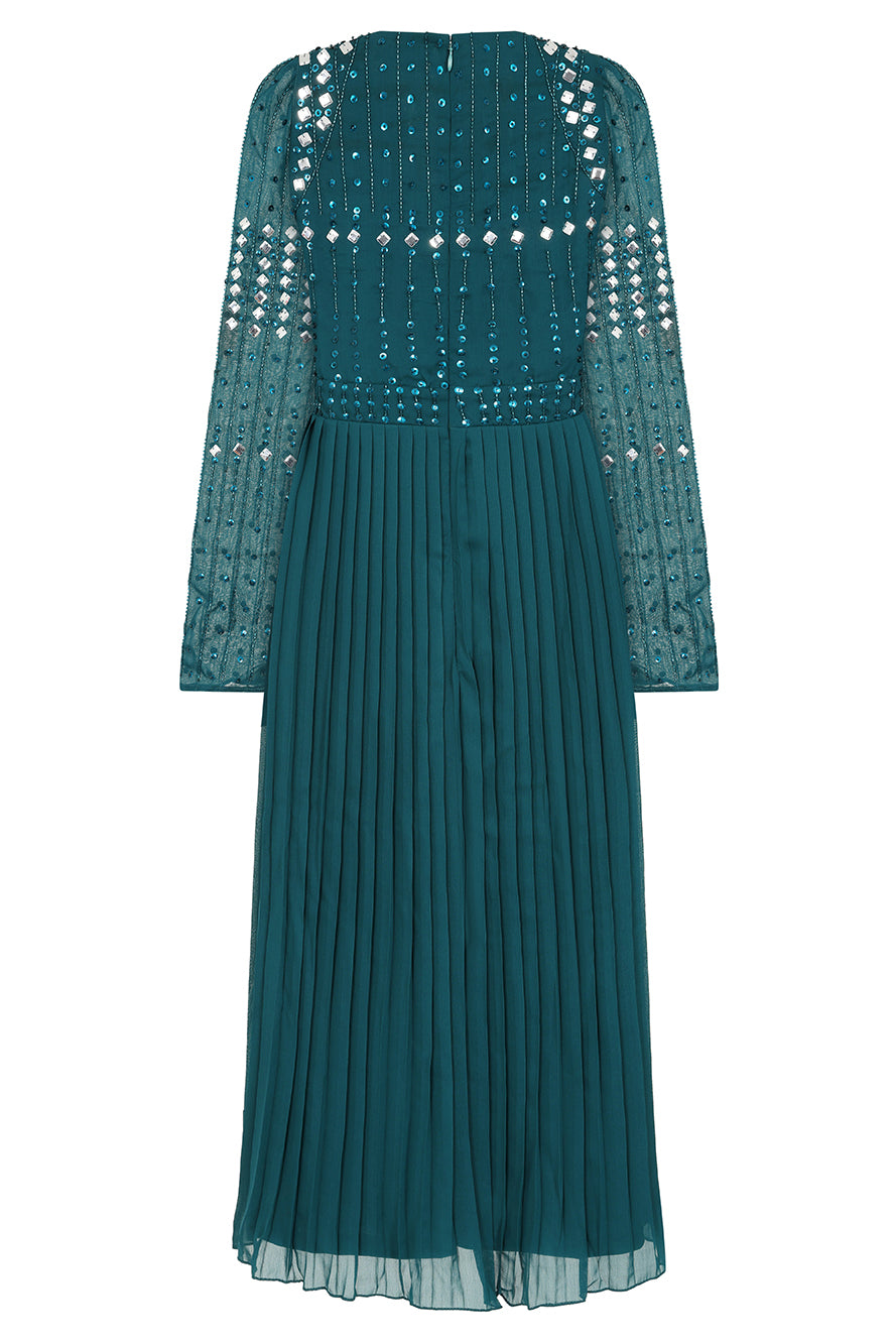 Elzina Storm Green Embellished Midi Dress