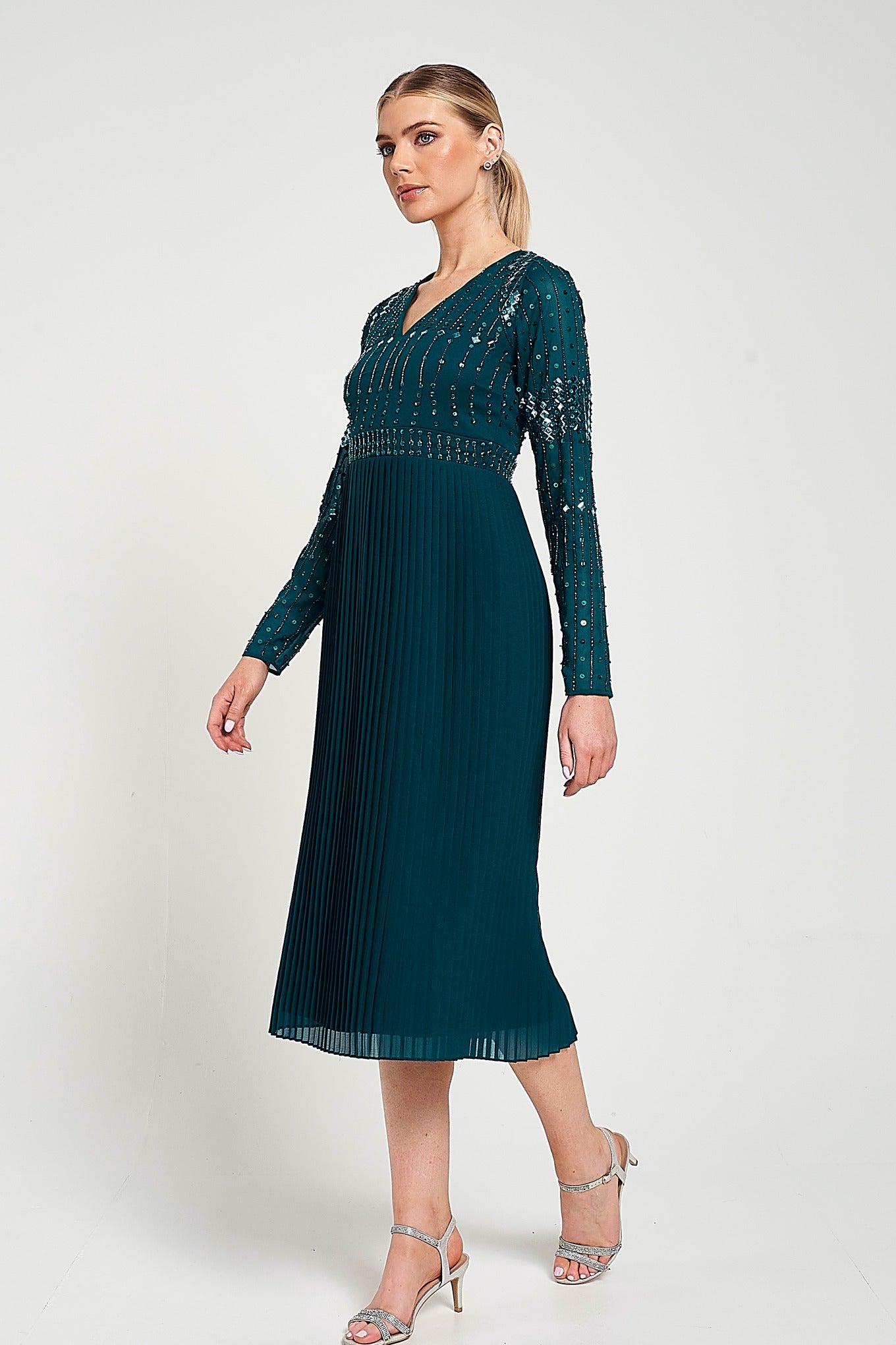 Elzina Storm Green Embellished Midi Dress