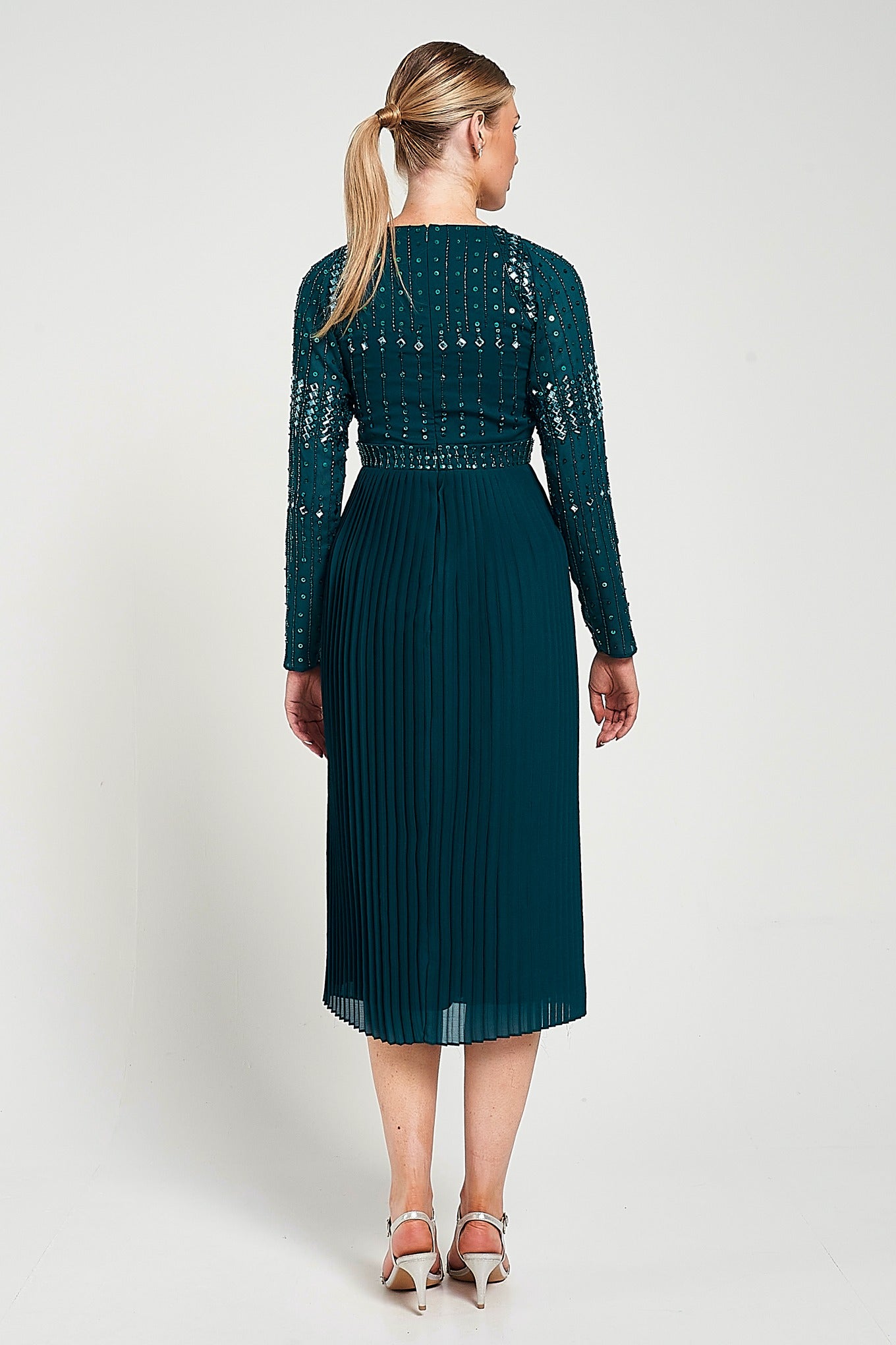Elzina Storm Green Embellished Midi Dress
