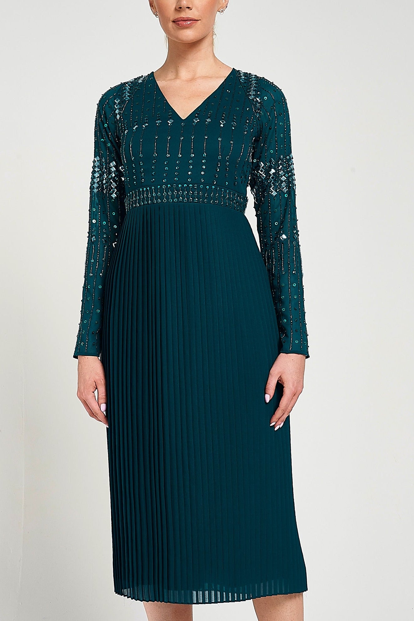 Elzina Storm Green Embellished Midi Dress – Frock and Frill