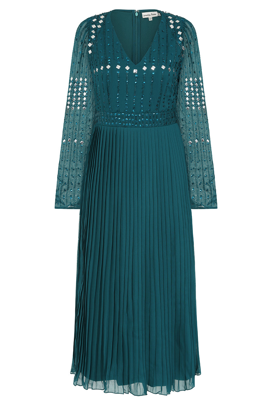 Elzina Storm Green Embellished Midi Dress – Frock and Frill