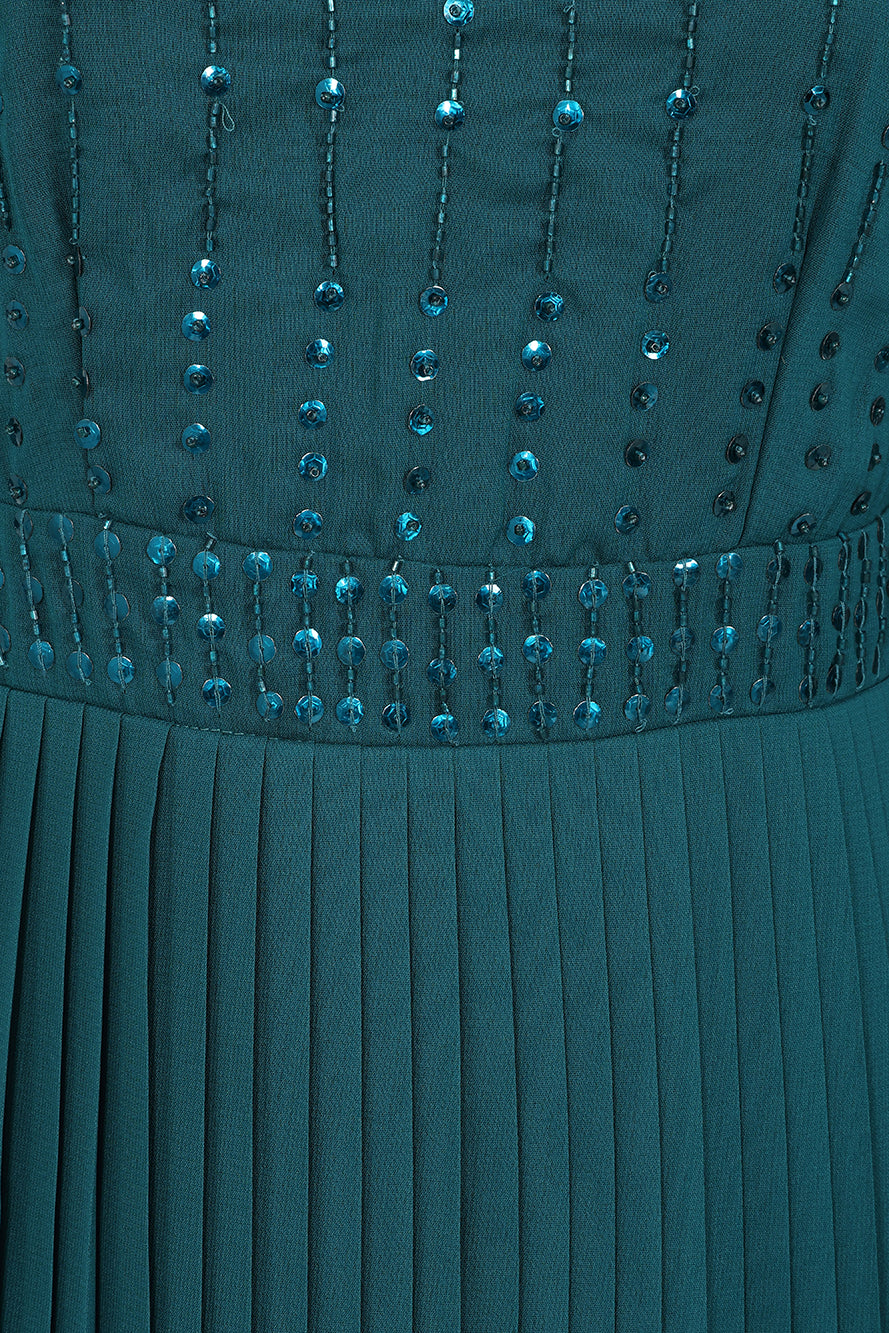 Elzina Storm Green Embellished Midi Dress