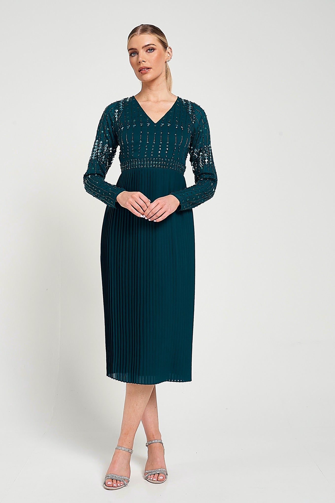 Elzina Storm Green Embellished Midi Dress