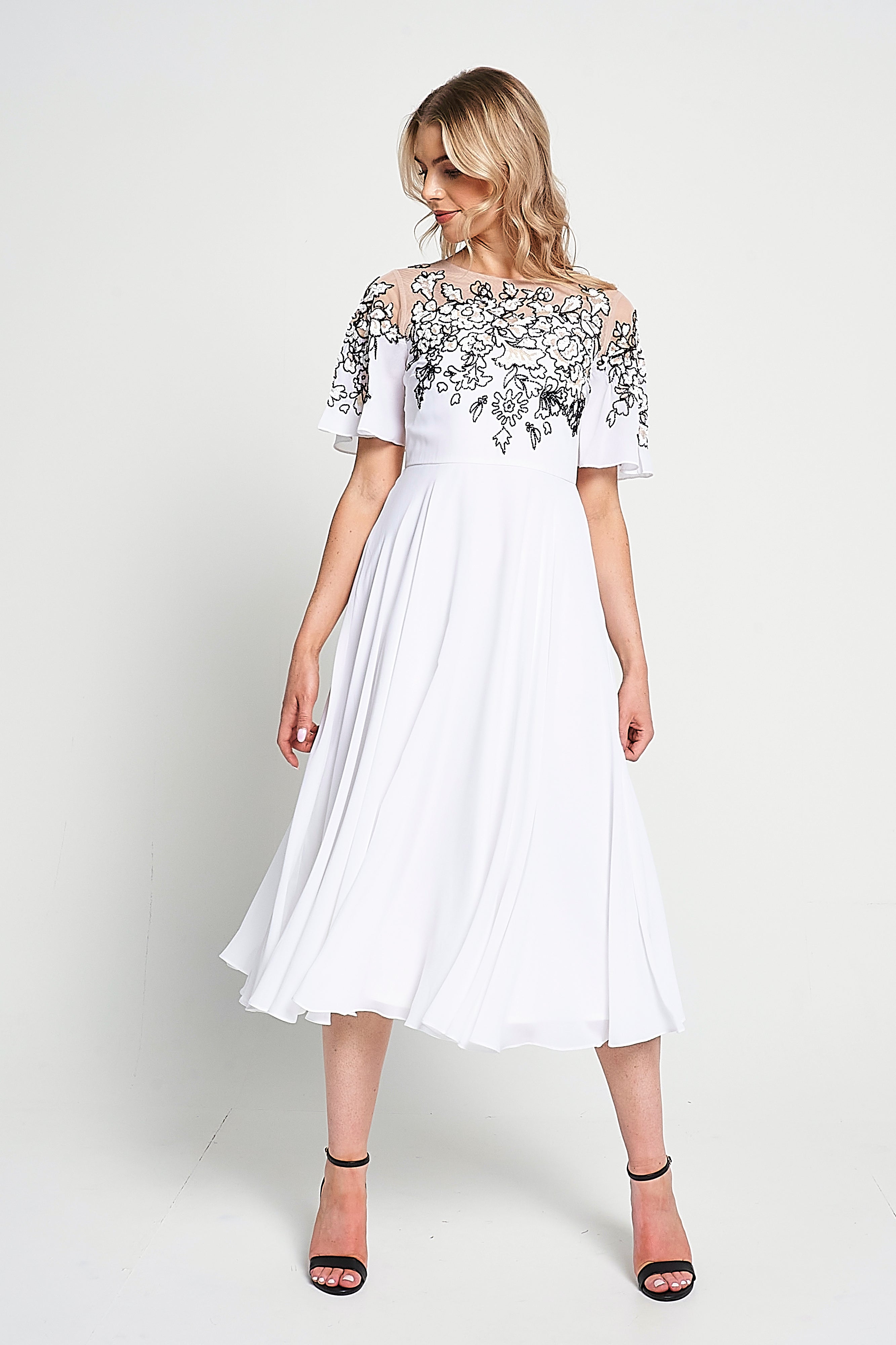 Embelia White Floral Embellished Midi Dress