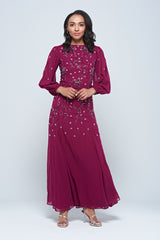 Emilia purple floral embellished long sleeve maxi dress with fitted bodice and flowing skirt, designed for elegant modest occasion wear.