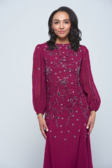 Emilia purple floral embellished long sleeve maxi dress with fitted bodice and flowing skirt, designed for elegant modest occasion wear.