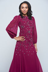 Emilia purple floral embellished long sleeve maxi dress with fitted bodice and flowing skirt, designed for elegant modest occasion wear.