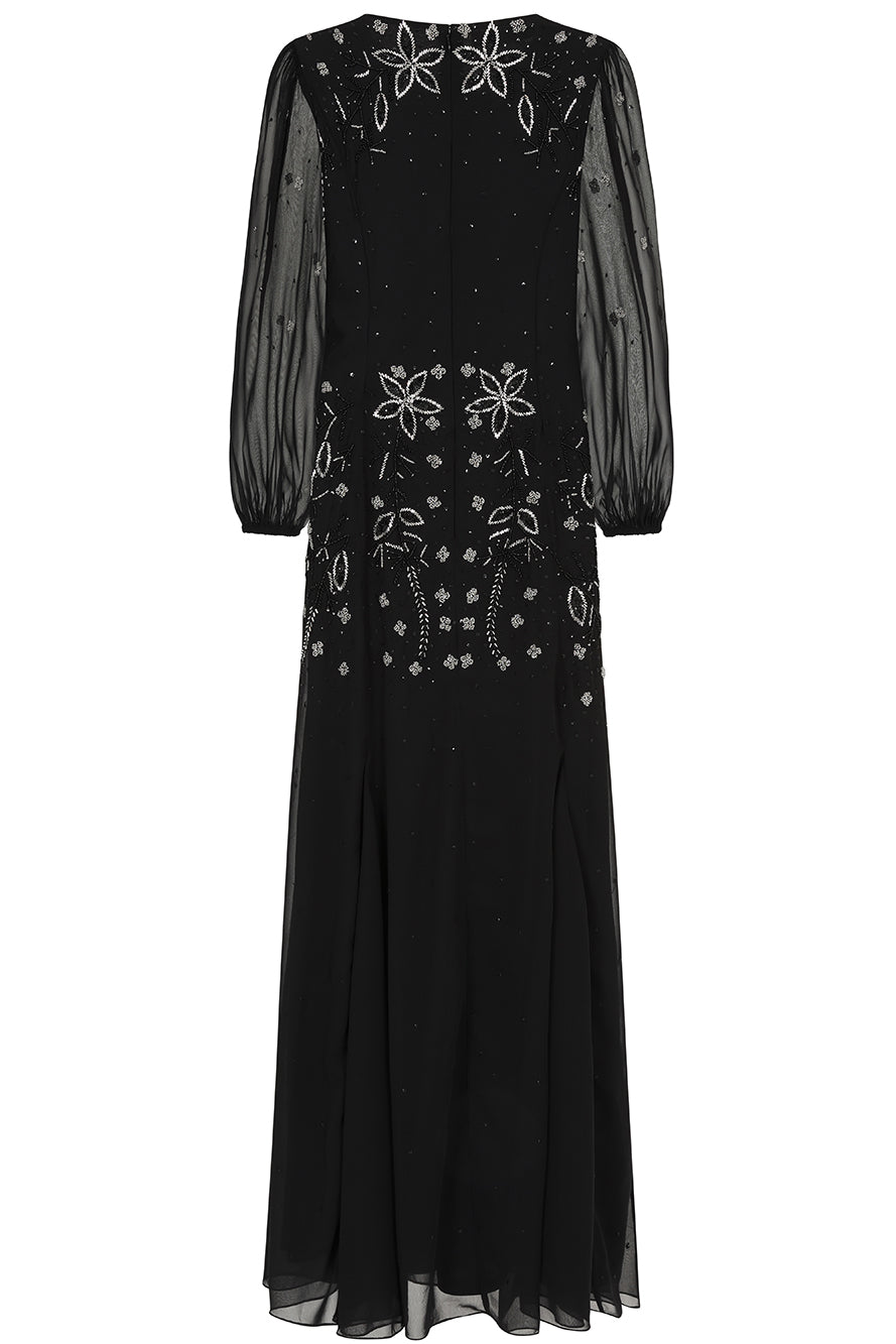 Frock and Frill Emilia black maxi dress with silver floral embellishment and modest floor-length silhouette