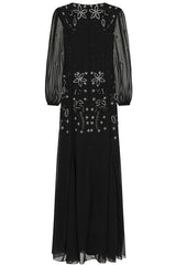 Frock and Frill Emilia black maxi dress with silver floral embellishment and modest floor-length silhouette