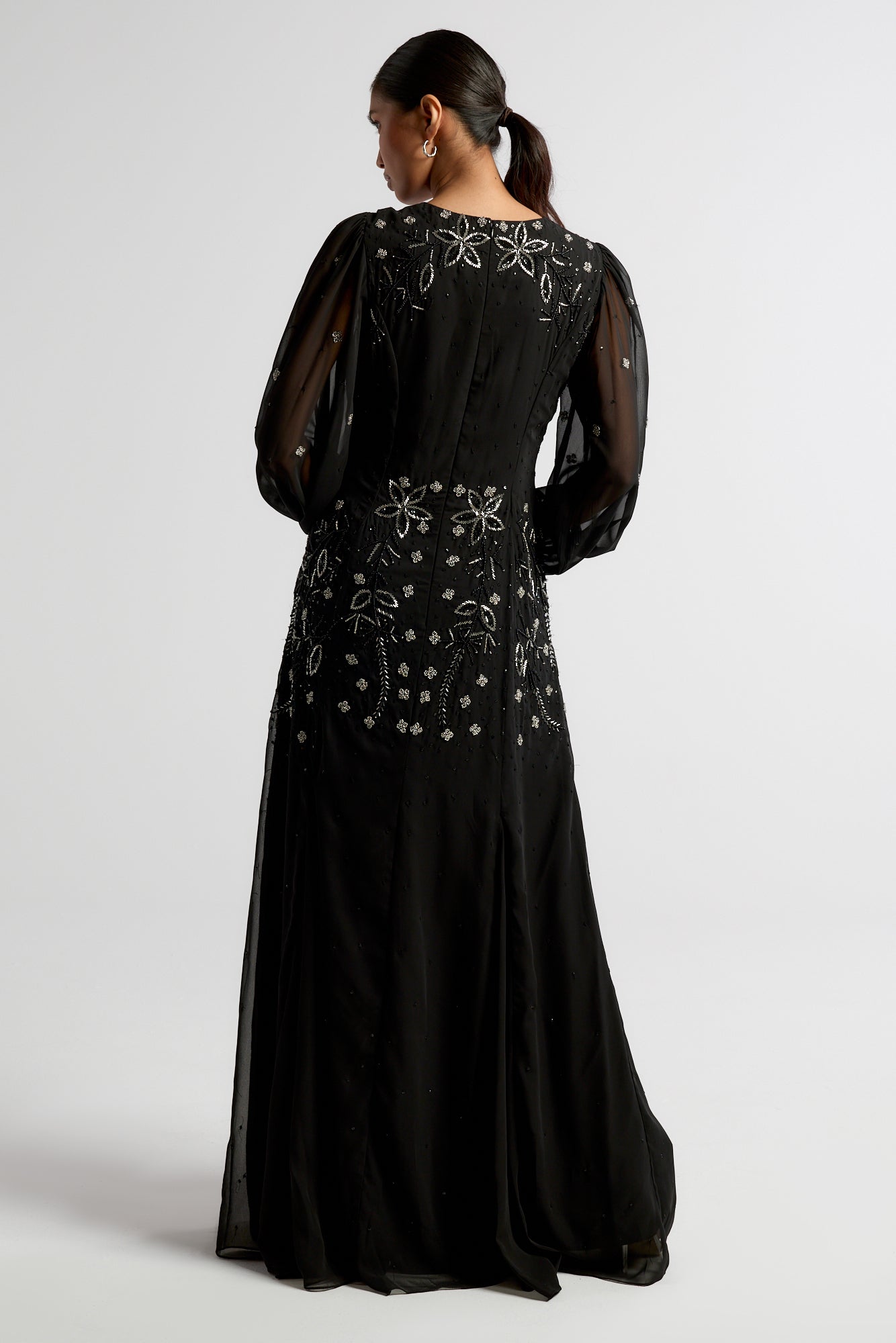 Frock and Frill Emilia black maxi dress with silver floral embellishment and modest floor-length silhouette