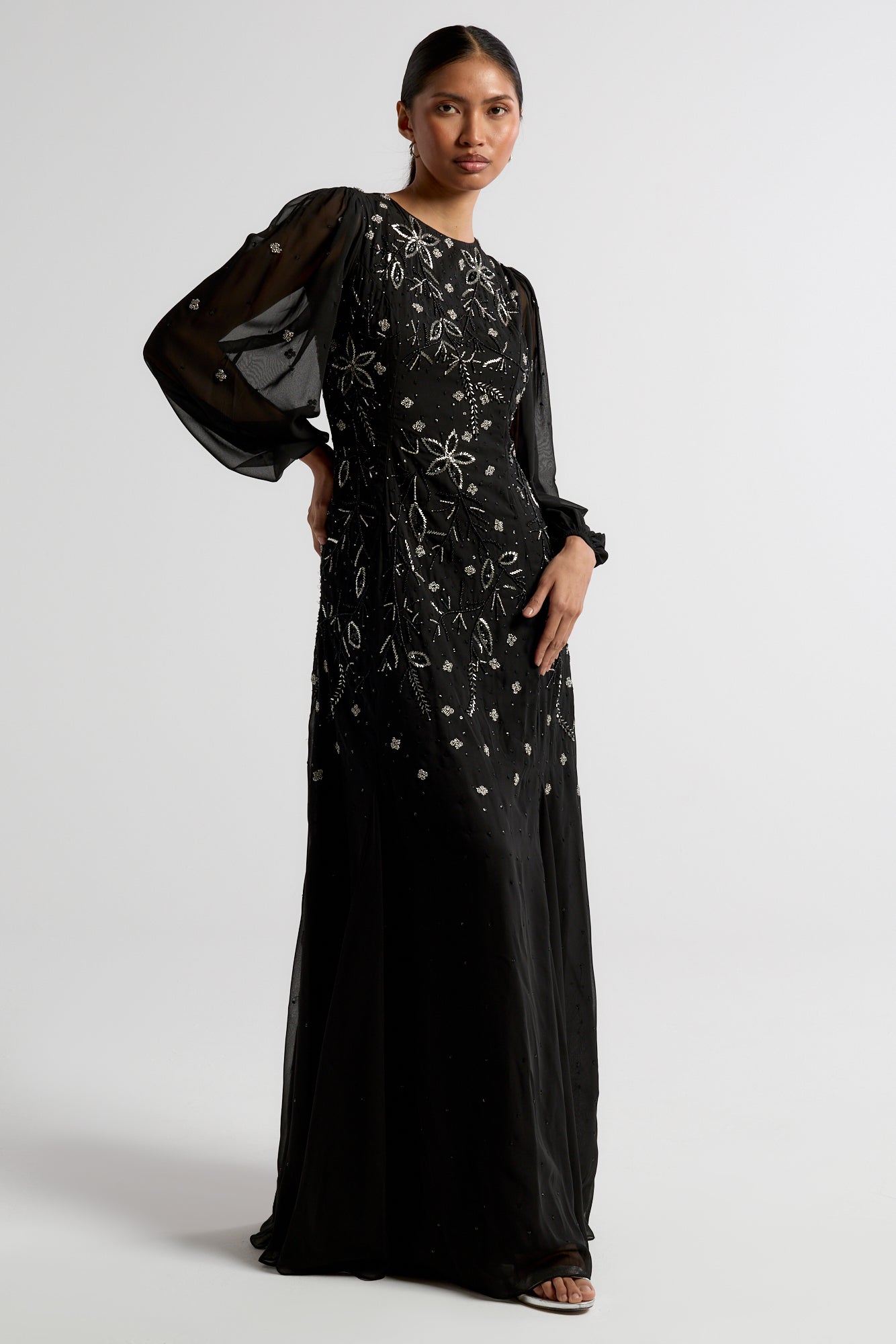 Frock and Frill Emilia black maxi dress with silver floral embellishment and modest floor-length silhouette