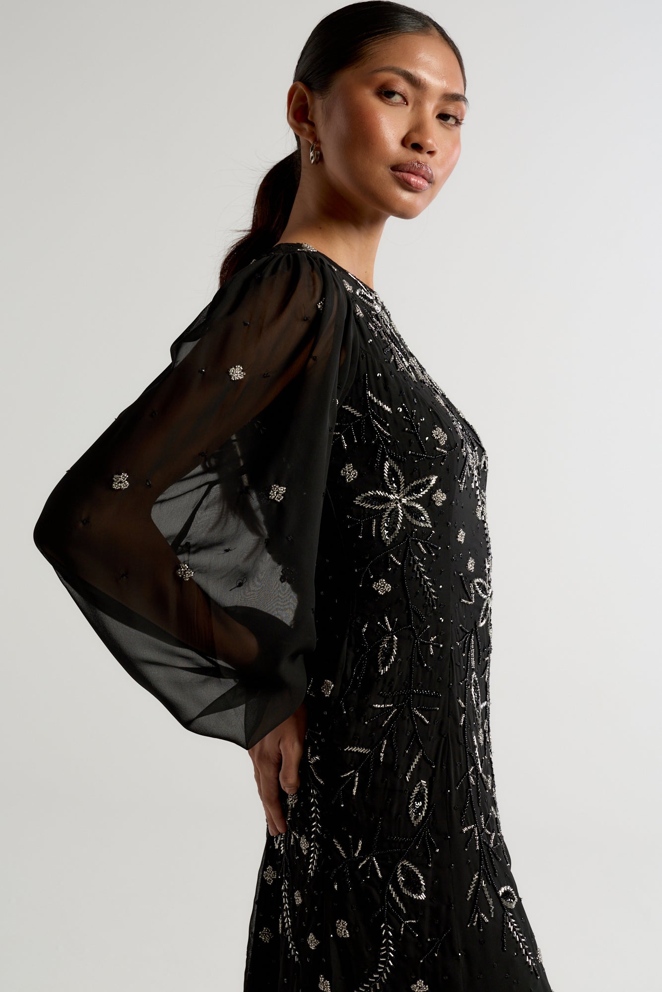 Frock and Frill Emilia black maxi dress with silver floral embellishment and modest floor-length silhouette