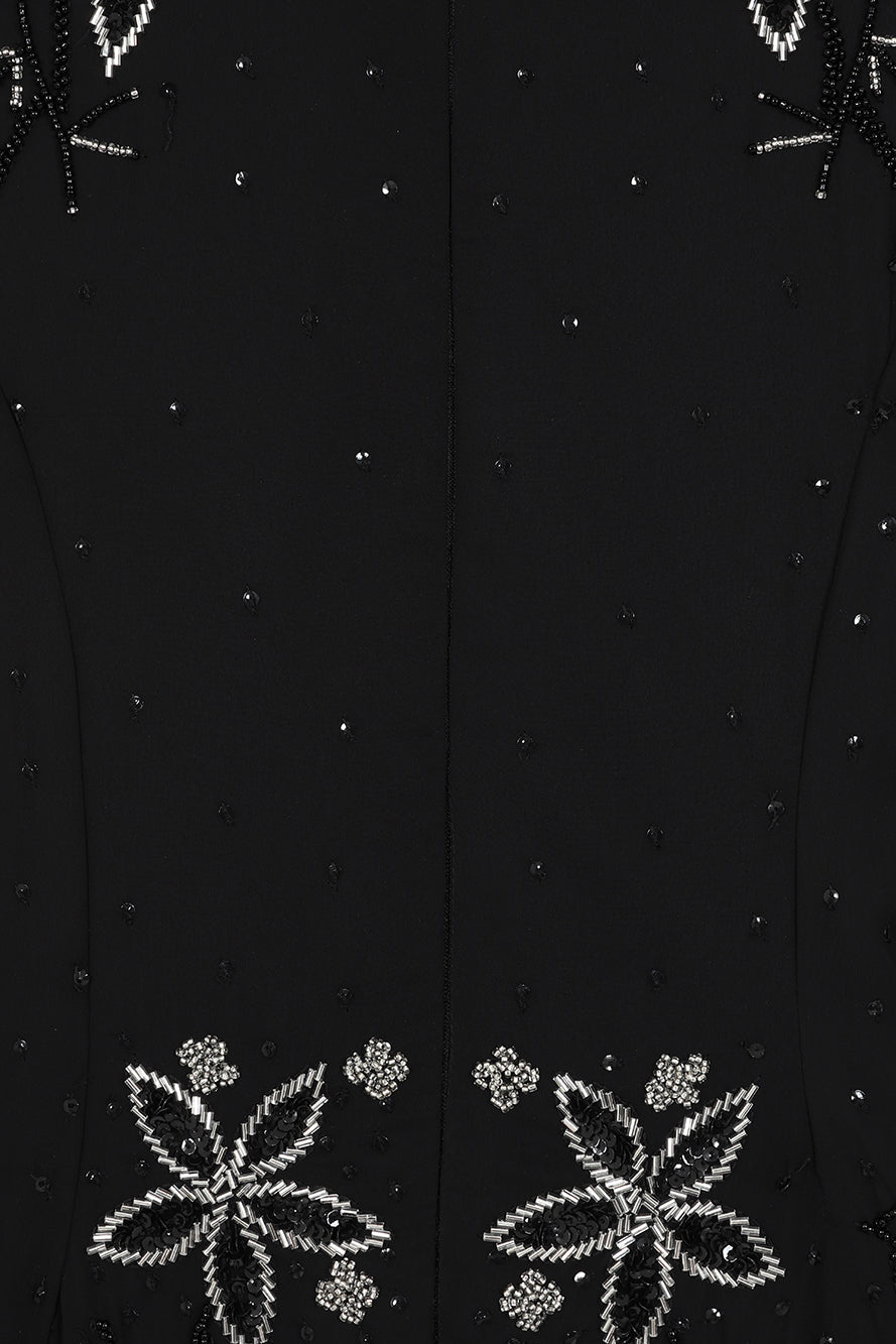 Frock and Frill Emilia black maxi dress with silver floral embellishment and modest floor-length silhouette