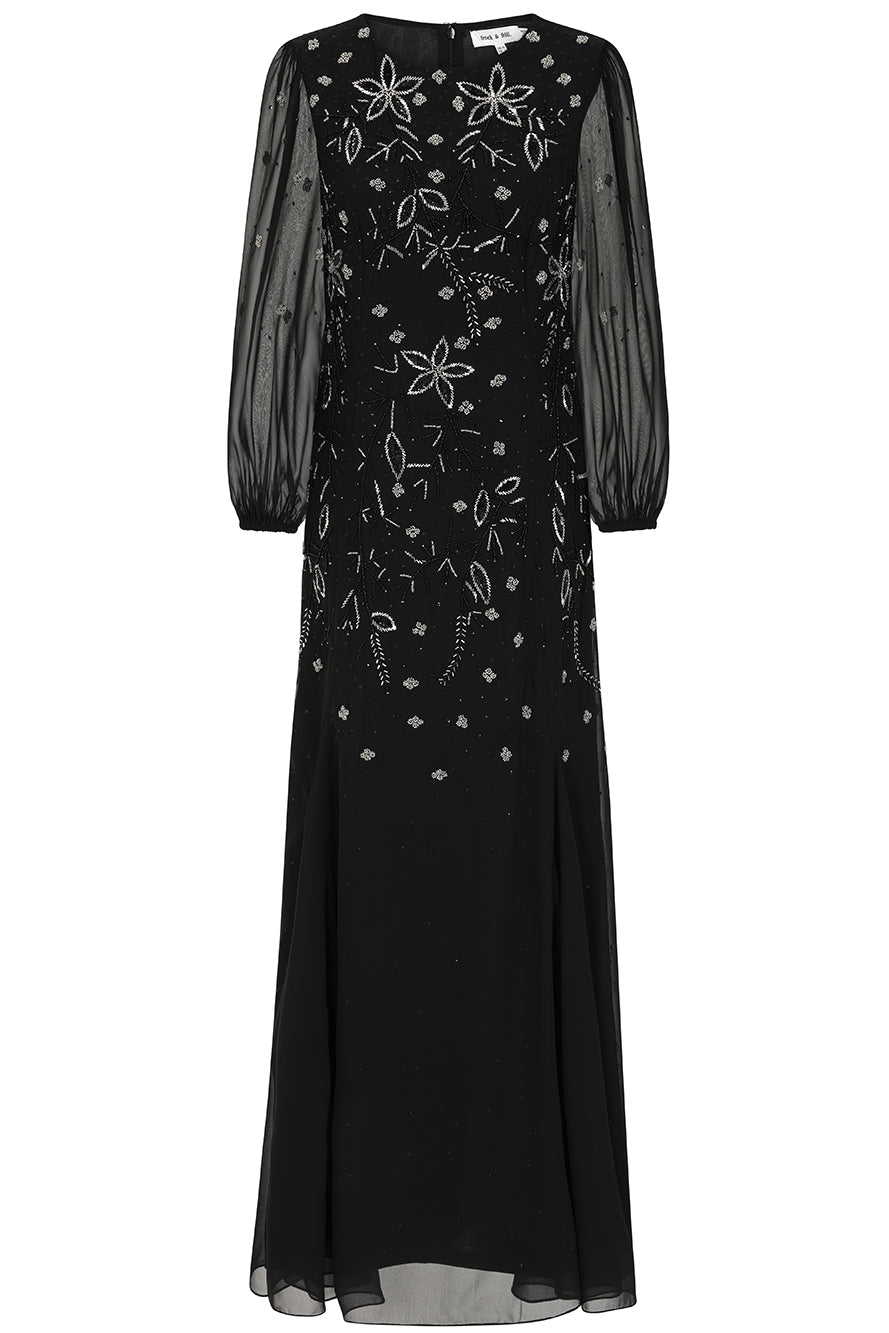 Frock and Frill Emilia black maxi dress with silver floral embellishment and modest floor-length silhouette