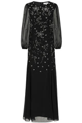 Frock and Frill Emilia black maxi dress with silver floral embellishment and modest floor-length silhouette