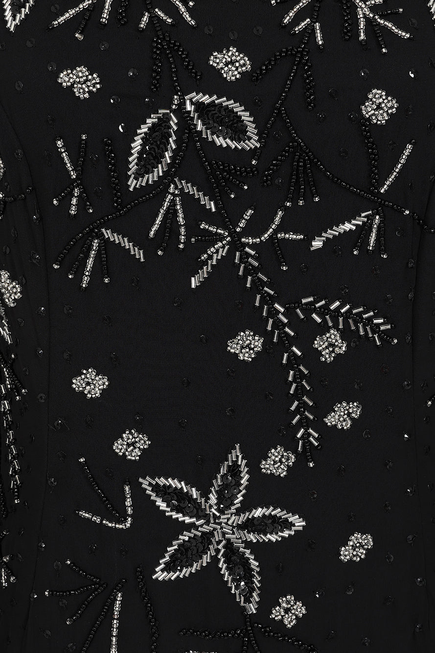 Frock and Frill Emilia black maxi dress with silver floral embellishment and modest floor-length silhouette