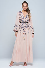 Erica Blush Floral Embroidered Maxi Dress by Frock and Frill, featuring long sleeves, V-neckline, and flowing maxi skirt in soft blush tones.