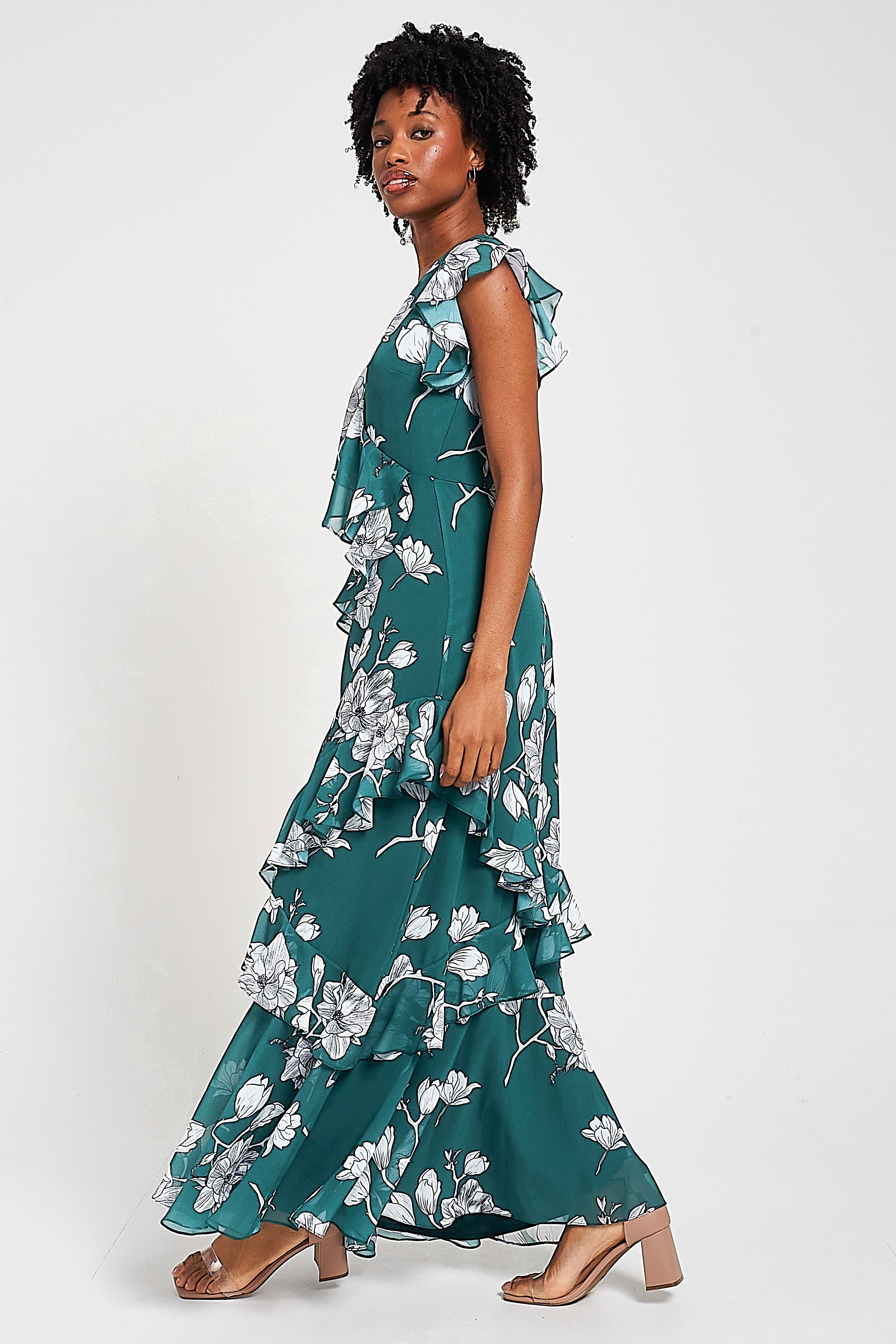 Esme Green Floral Print Frill Detail Maxi Dress Frock and Frill Esme Green Floral Print Frill Detail Maxi Dress Frock and Frill