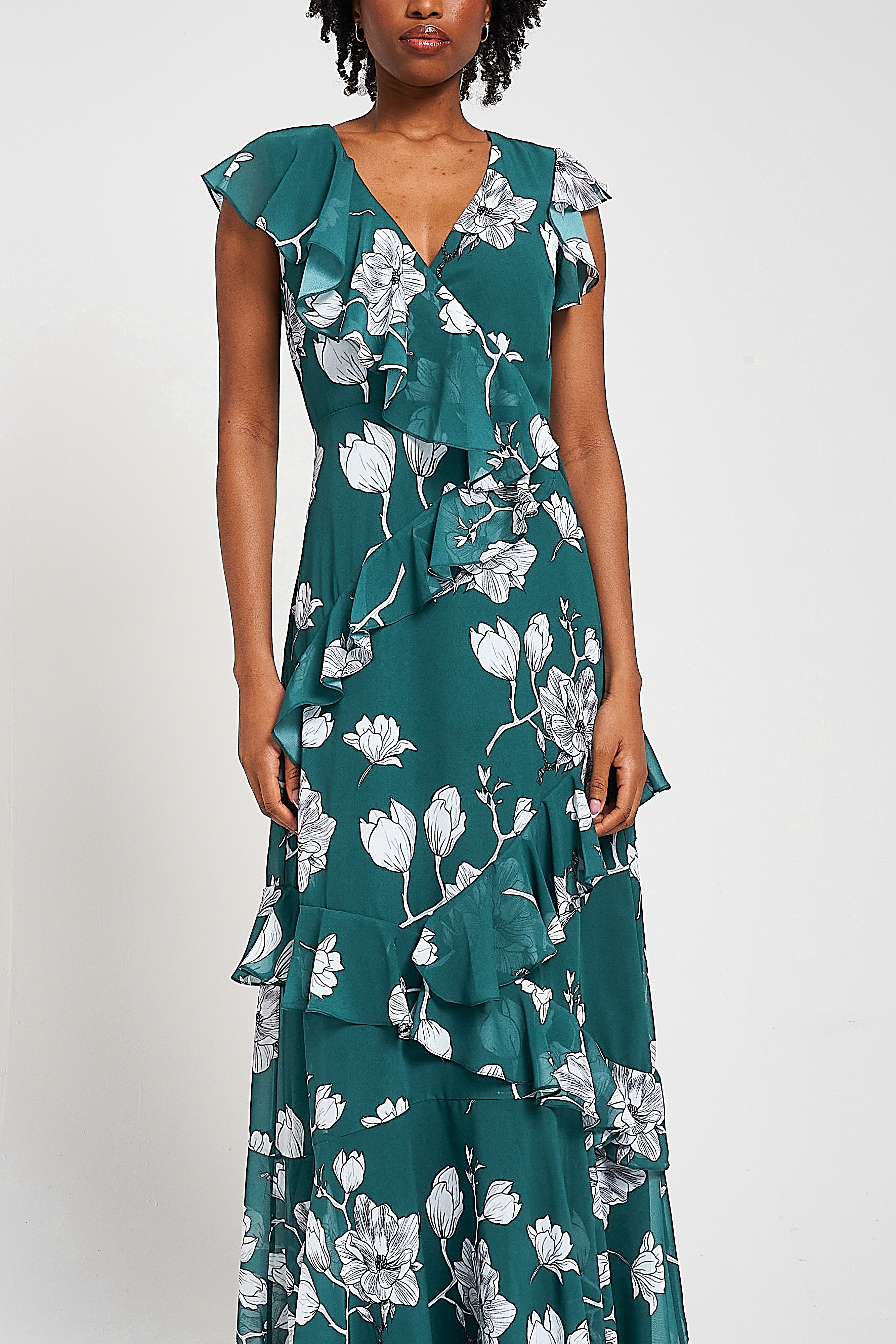 Esme Green Floral Print Frill Detail Maxi Dress Frock and Frill Esme Green Floral Print Frill Detail Maxi Dress Frock and Frill