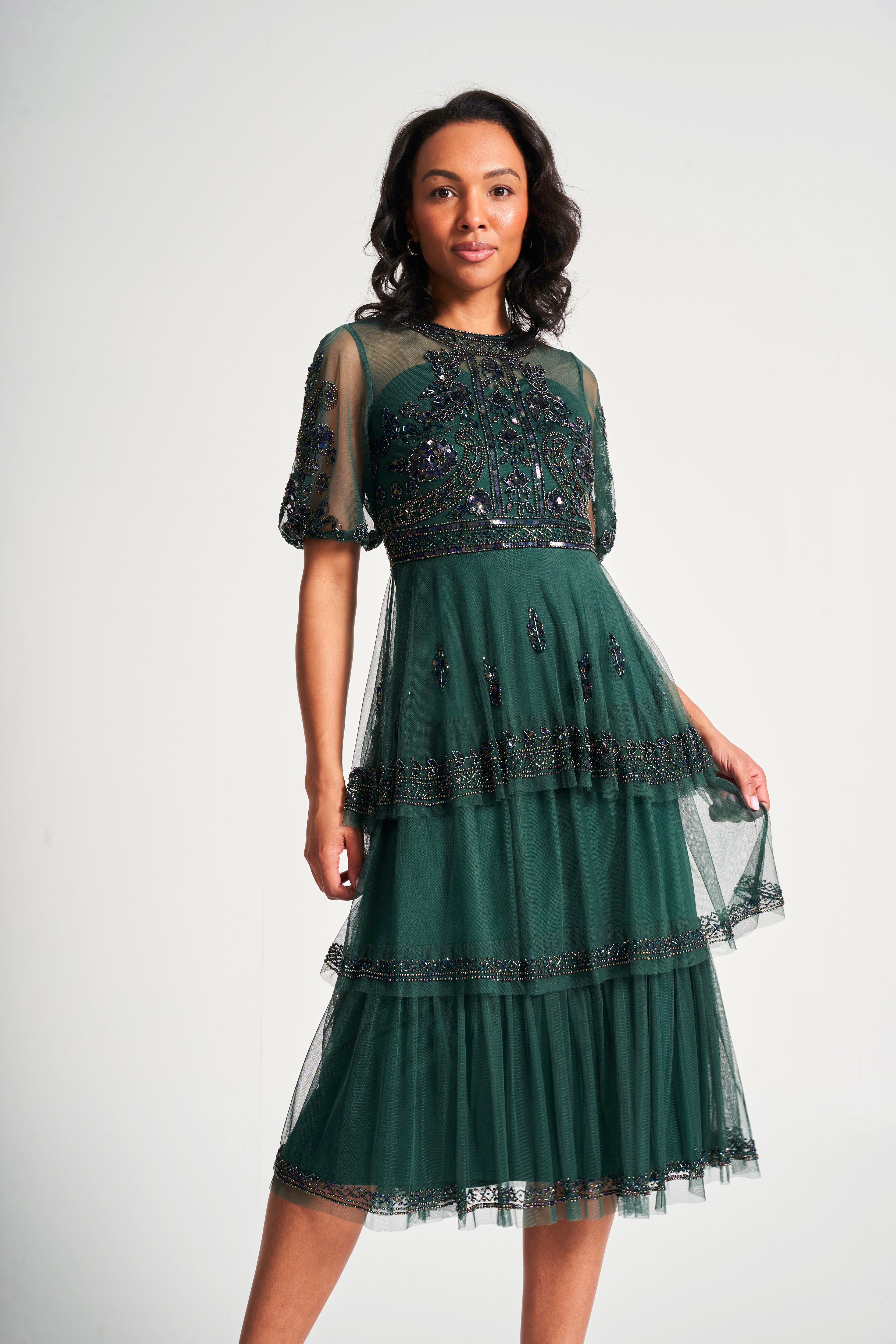 Esmerelda Green Embellished Midi Dress