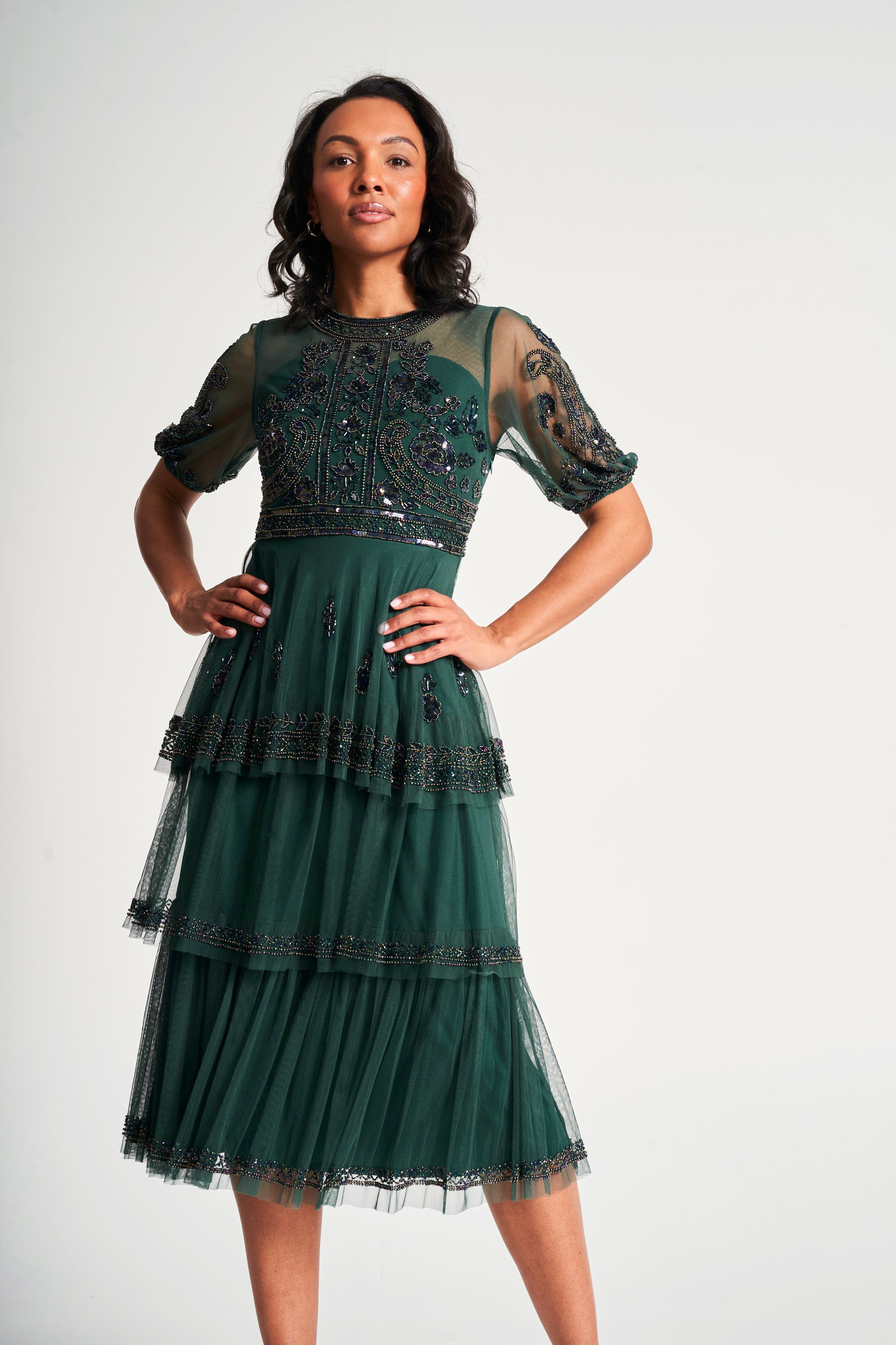 Esmerelda Green Embellished Midi Dress