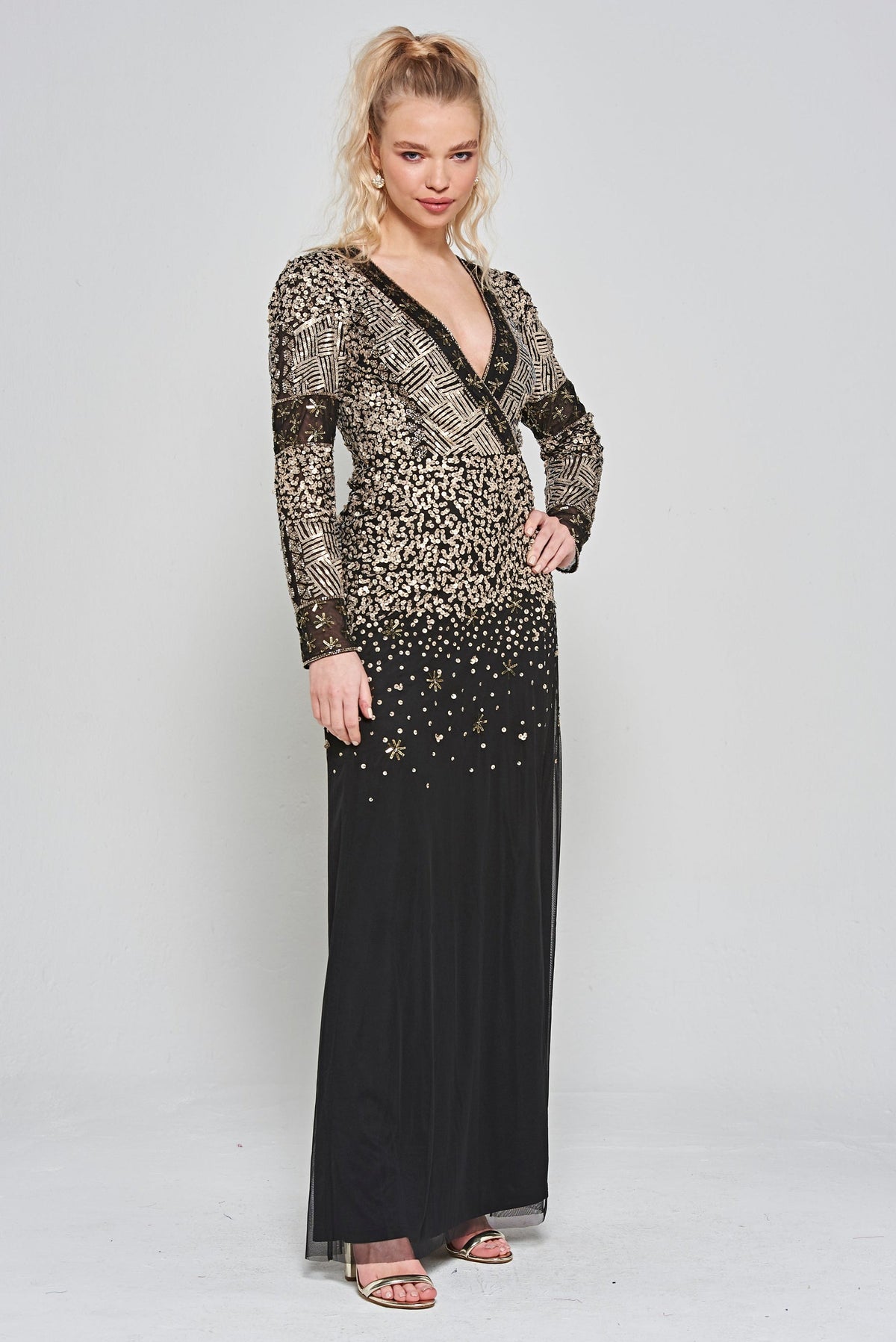 Esther Black and Gold Embellished Maxi Dress – Frock and Frill