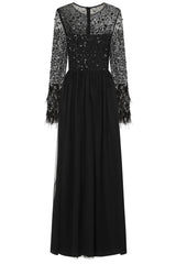 Eva Embellished Maxi Dress with Feather Trim in Black