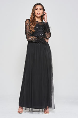 Eva Embellished Maxi Dress with Feather Trim in Black