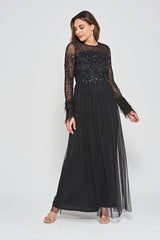 Eva Embellished Maxi Dress with Feather Trim in Black