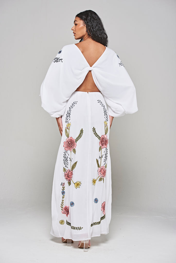 Evanthe White Floral Embroidered Twist Back Maxi Dress – Frock and Frill