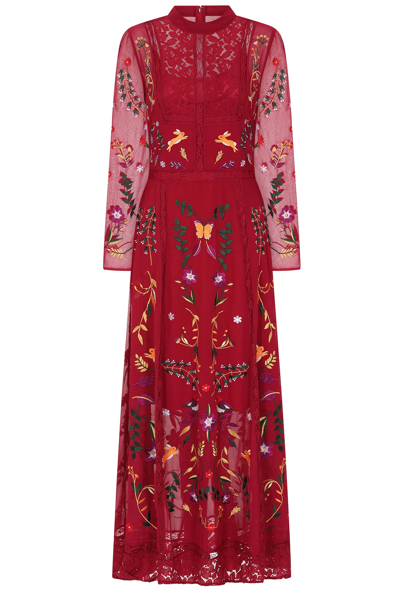 Farley Woodland Embroidered Maxi Dress - Burgundy