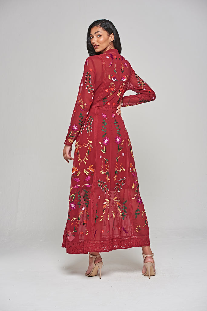 Farley Woodland Embroidered Maxi Dress - Burgundy