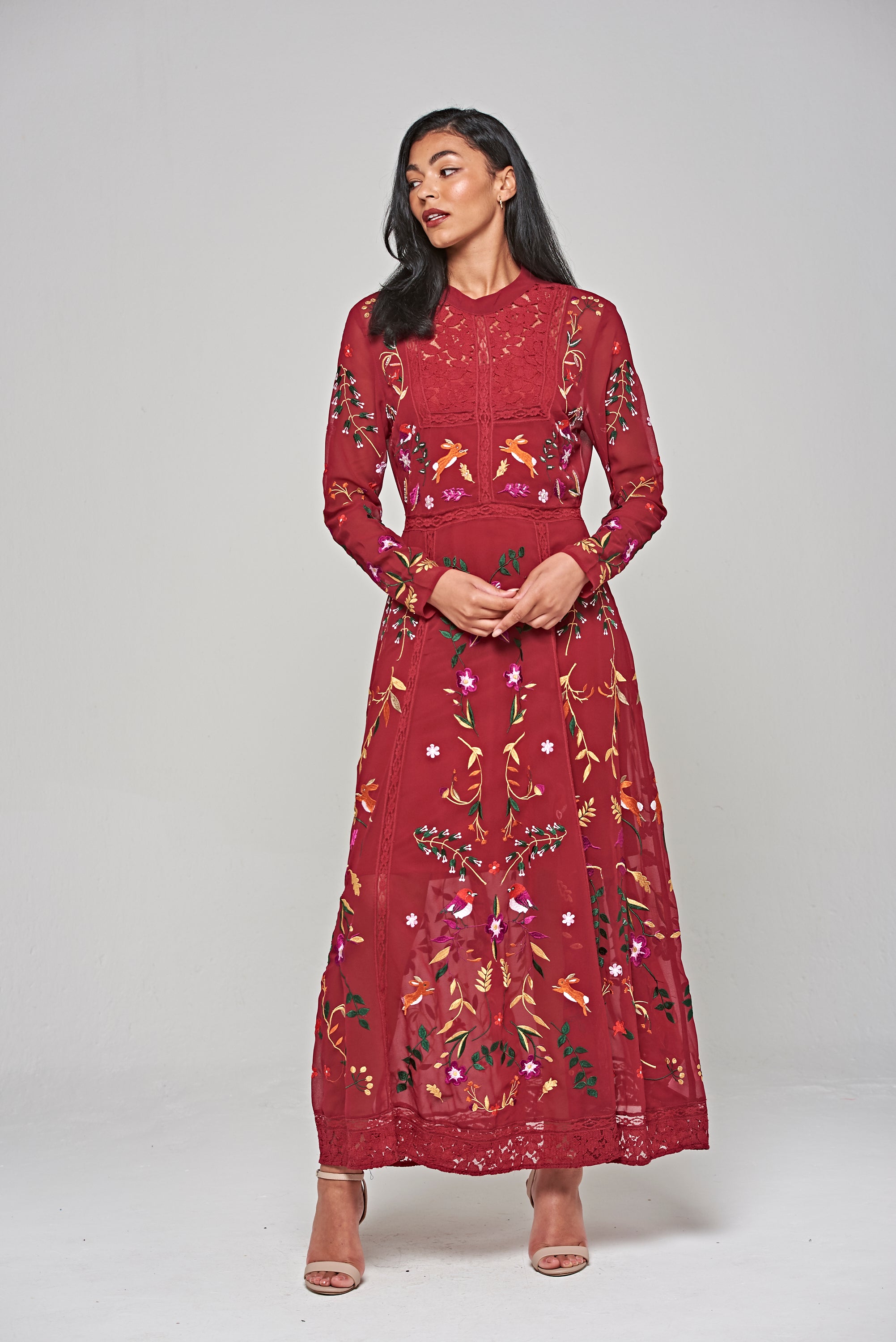 embroidered burgundy dress A soft burgundy dress with an elegant embroidered bodice
