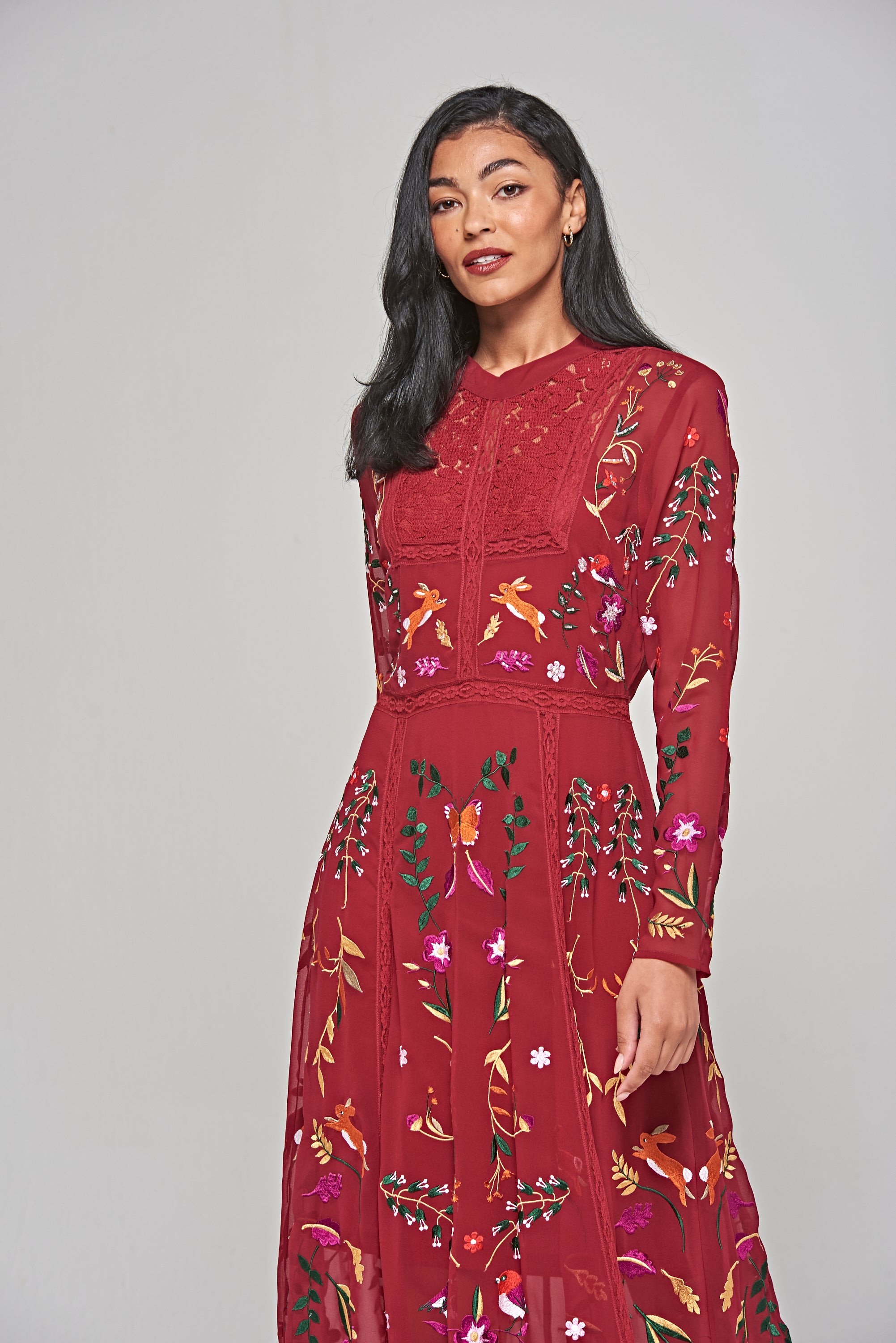Farley Burgundy Woodland Embroidered Maxi Dress Frock and Frill Farley Burgundy Woodland Embroidered Maxi Dress Frock and Frill
