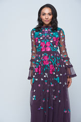 Fenella purple floral embroidered maxi dress by Frock and Frill