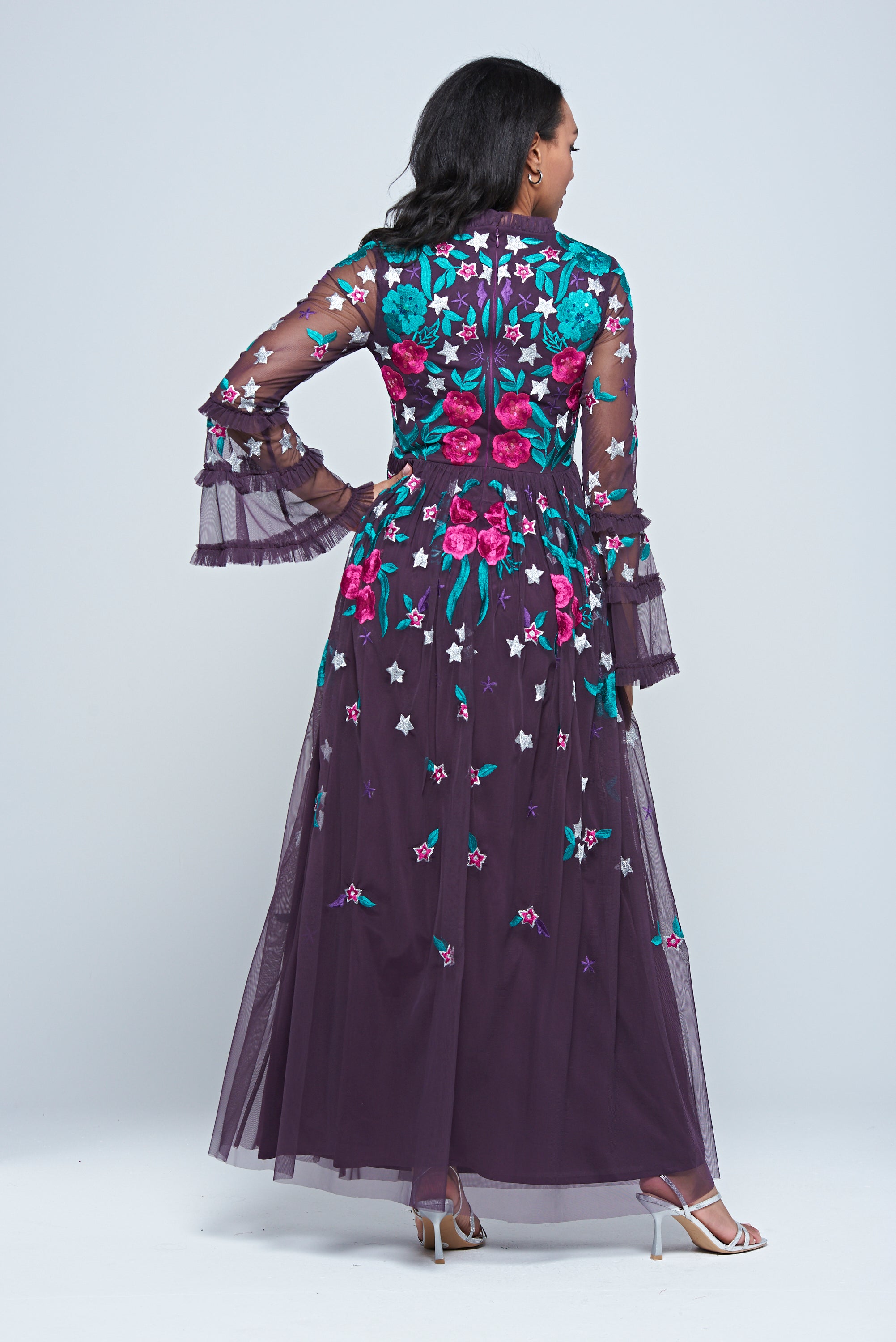 Fenella purple floral embroidered maxi dress by Frock and Frill
