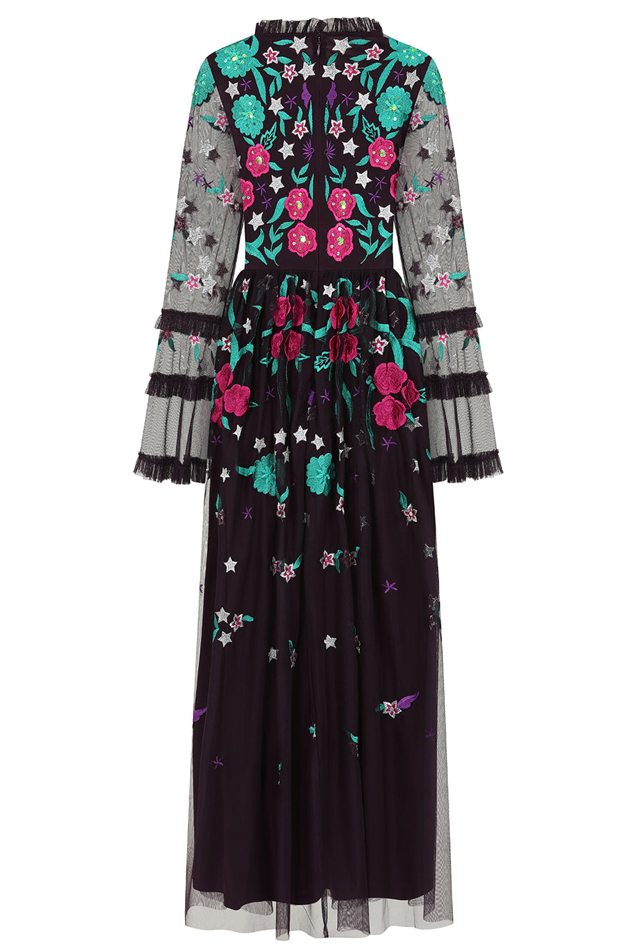 Fenella purple floral embroidered maxi dress by Frock and Frill