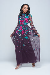 Fenella purple floral embroidered maxi dress by Frock and Frill