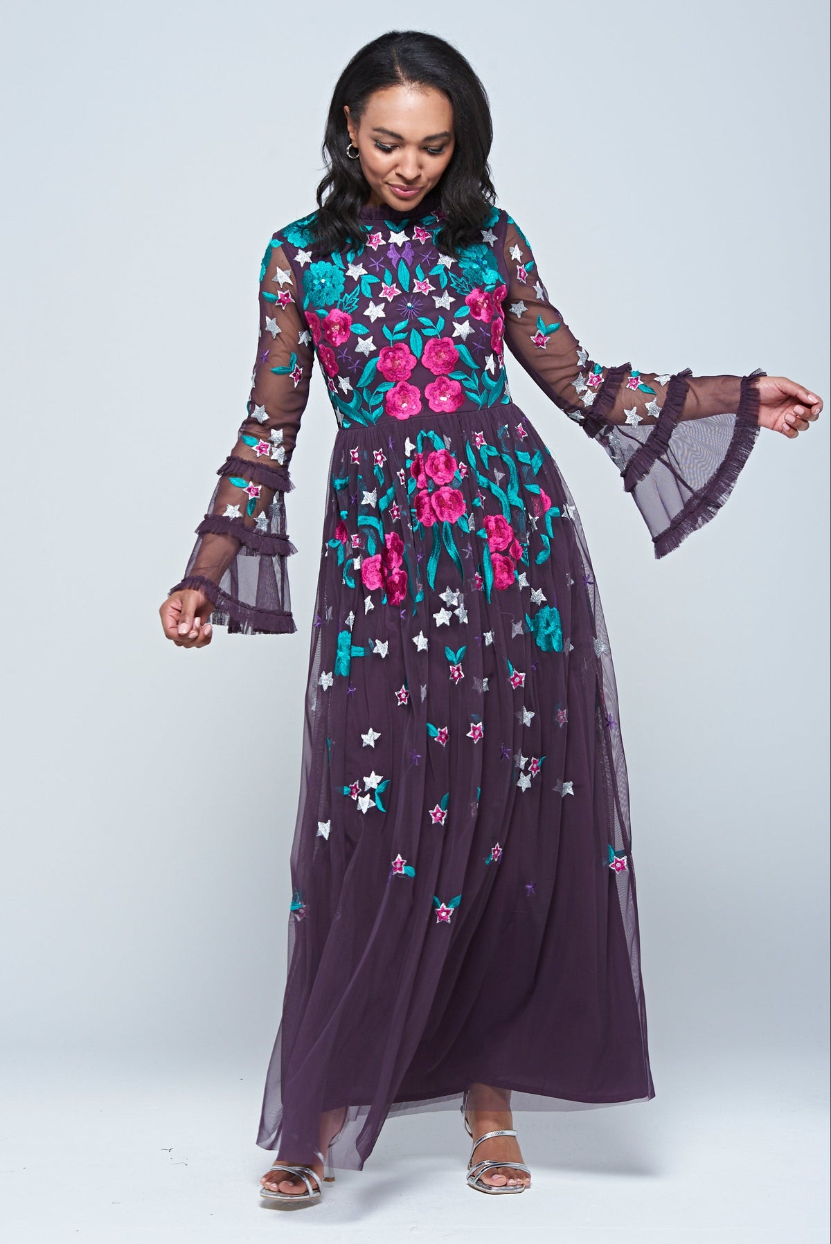 Fenella purple floral embroidered maxi dress by Frock and Frill